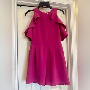 Francescas Cold Shoulder Ruffle Romper Tailored Waist Miami Brand XS Fuchsia